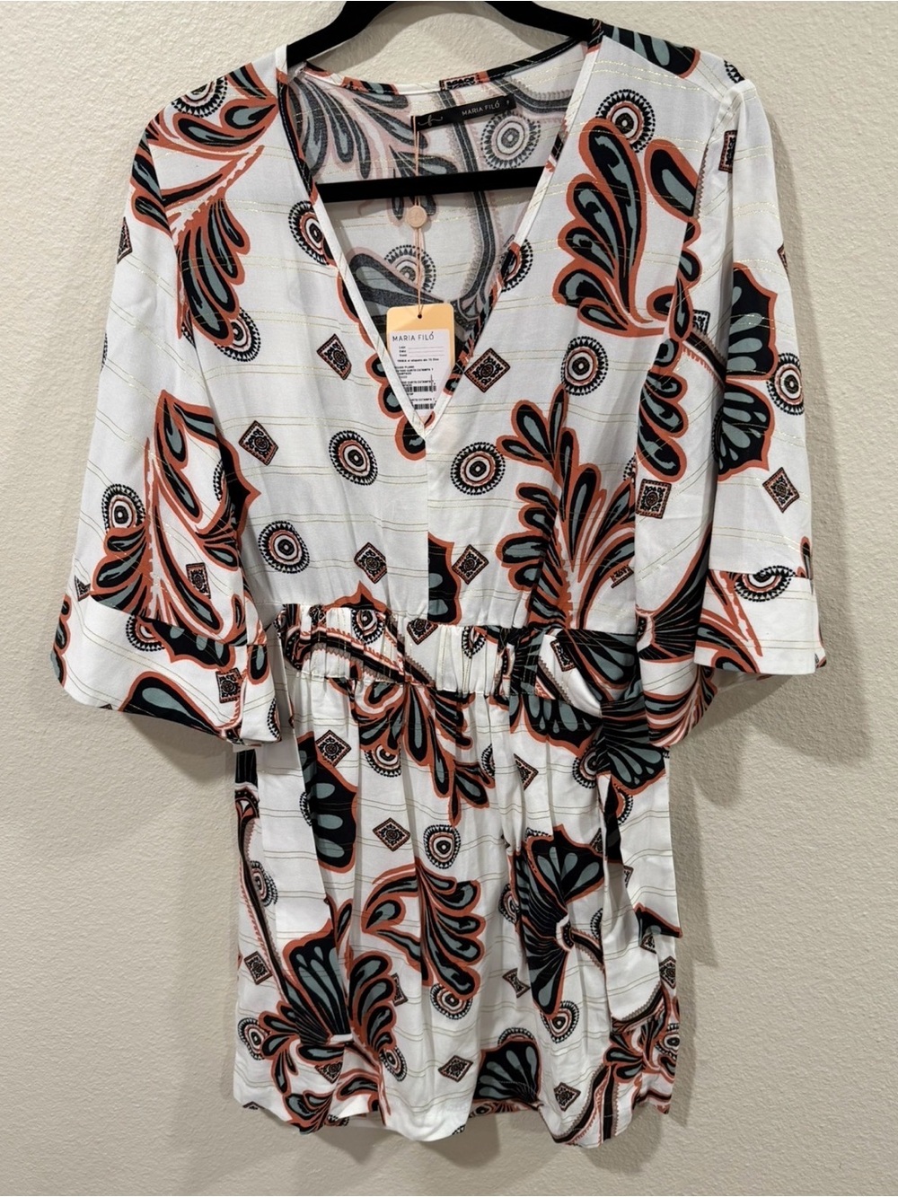 NWT Maria Filo White Paisley Print V-Neck tunic size medium